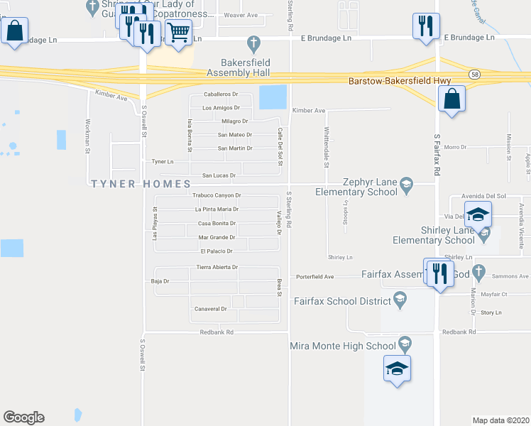 map of restaurants, bars, coffee shops, grocery stores, and more near 5512 La Pinta Maria Drive in Bakersfield