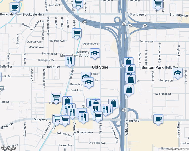 map of restaurants, bars, coffee shops, grocery stores, and more near 3617 Bianchi Way in Bakersfield