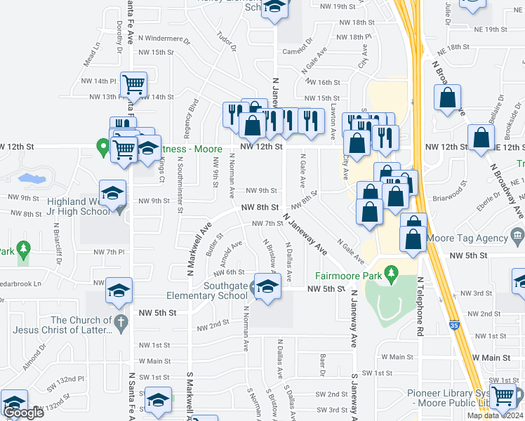 map of restaurants, bars, coffee shops, grocery stores, and more near 824 Northwest 8th Street in Moore
