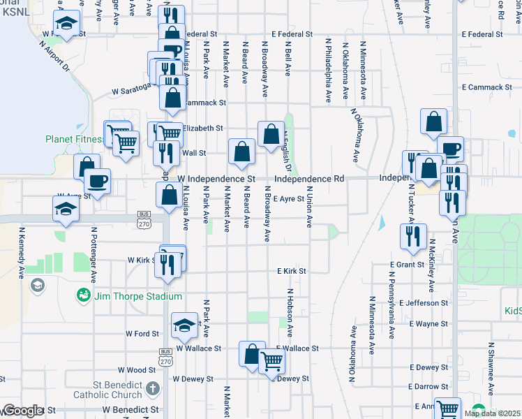 map of restaurants, bars, coffee shops, grocery stores, and more near 1324 North Broadway Avenue in Shawnee