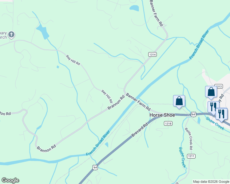 map of restaurants, bars, coffee shops, grocery stores, and more near 126 Brannon Road in Horse Shoe