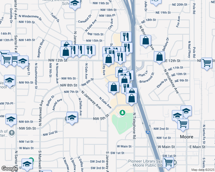 map of restaurants, bars, coffee shops, grocery stores, and more near 801 City Avenue in Moore