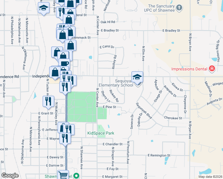 map of restaurants, bars, coffee shops, grocery stores, and more near 1408 Rickey Road in Shawnee