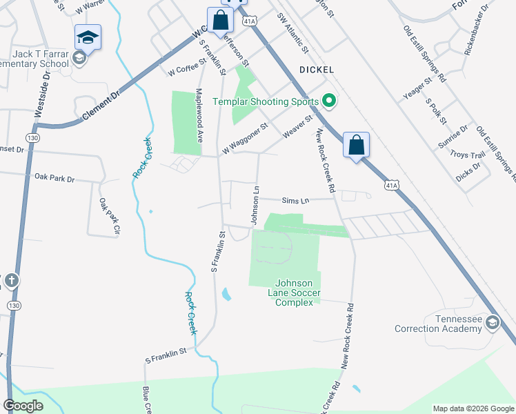 map of restaurants, bars, coffee shops, grocery stores, and more near 207 Johnson Lane in Tullahoma