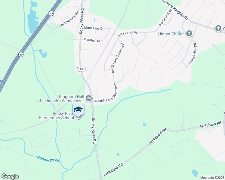 map of restaurants, bars, coffee shops, grocery stores, and more near 1051 Hearth Lane Southwest in Concord