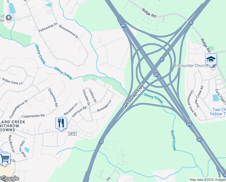 map of restaurants, bars, coffee shops, grocery stores, and more near 13710 Purple Bloom Lane in Charlotte