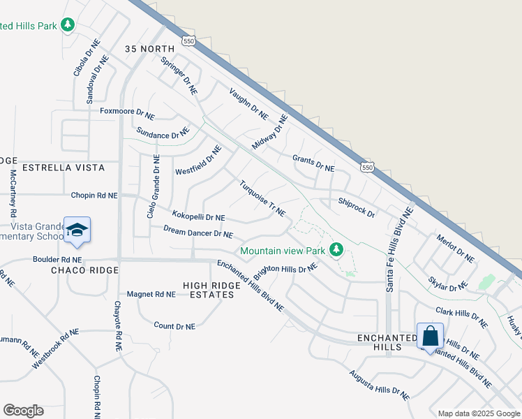 map of restaurants, bars, coffee shops, grocery stores, and more near 5034 White Owl Way Northeast in Rio Rancho