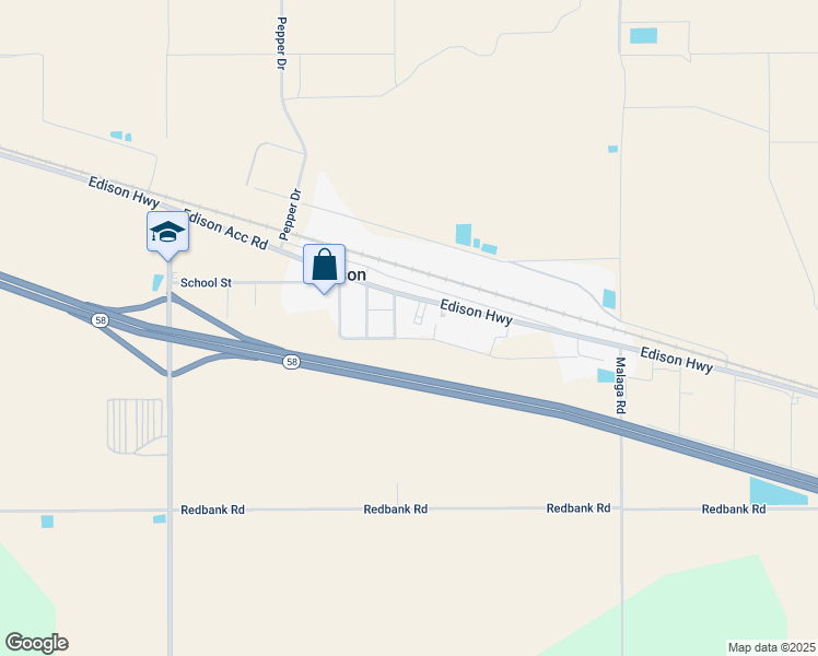 map of restaurants, bars, coffee shops, grocery stores, and more near 12311 Edison Highway in Bakersfield