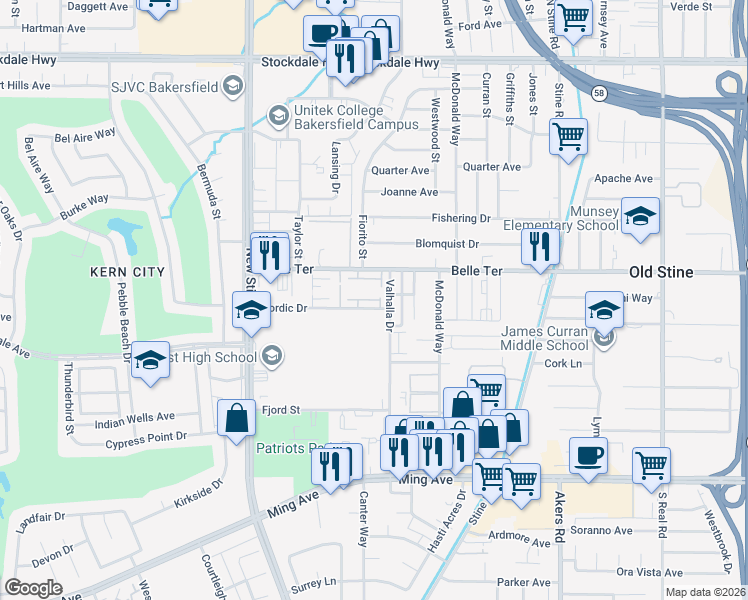 map of restaurants, bars, coffee shops, grocery stores, and more near 4800 Nordic Drive in Bakersfield