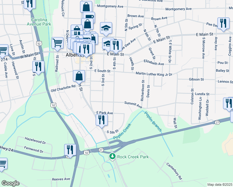 map of restaurants, bars, coffee shops, grocery stores, and more near 411 South 4th Street in Albemarle