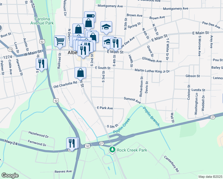 map of restaurants, bars, coffee shops, grocery stores, and more near 415 South 3rd Street in Albemarle