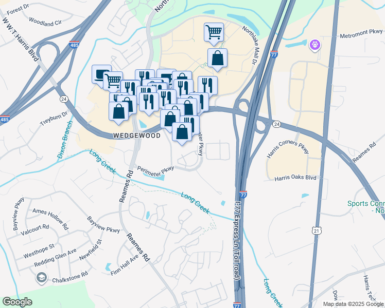map of restaurants, bars, coffee shops, grocery stores, and more near 9828 Perimeter Station Drive in Charlotte