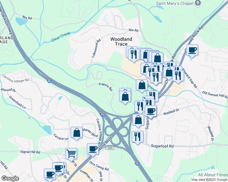 map of restaurants, bars, coffee shops, grocery stores, and more near 102 Francis Road in Hendersonville
