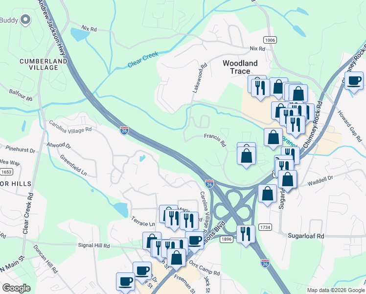 map of restaurants, bars, coffee shops, grocery stores, and more near 129 Francis Road in Hendersonville