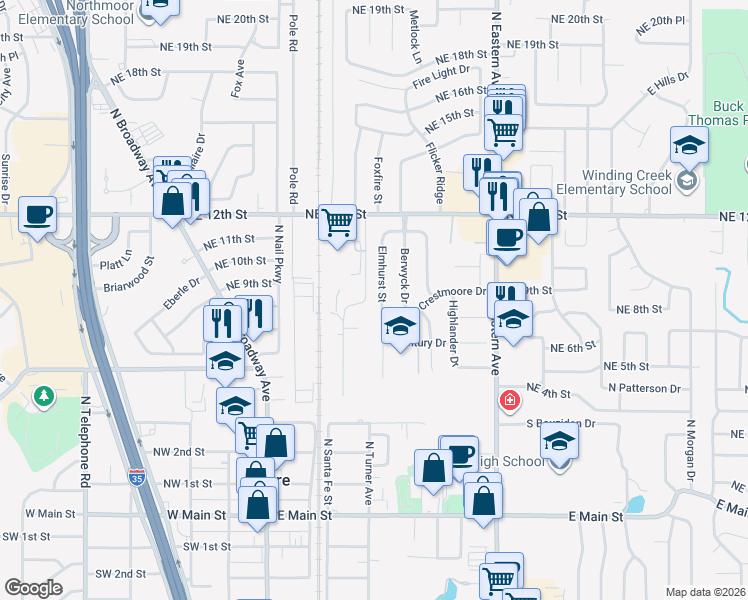 map of restaurants, bars, coffee shops, grocery stores, and more near 1117 Elmhurst Street in Moore
