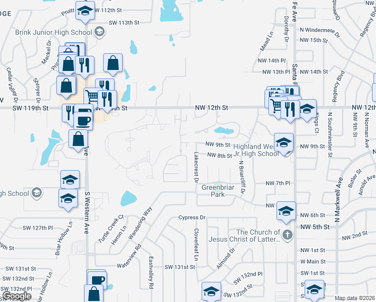 map of restaurants, bars, coffee shops, grocery stores, and more near 909 Lakecrest Drive in Moore