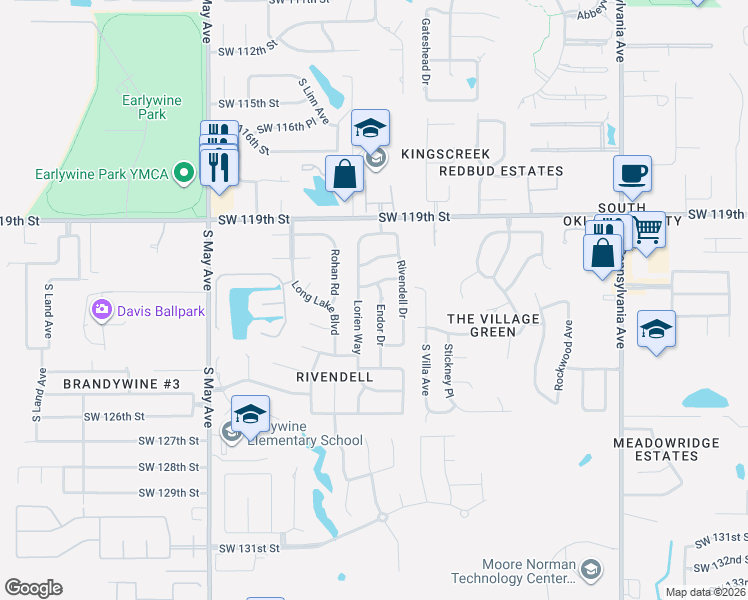 map of restaurants, bars, coffee shops, grocery stores, and more near 12200 Lorien Way in Oklahoma City