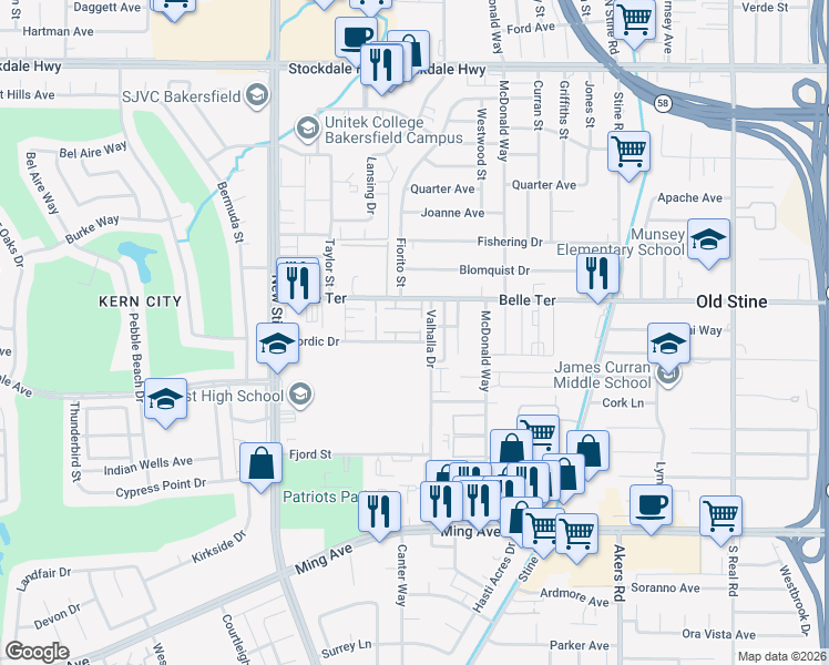 map of restaurants, bars, coffee shops, grocery stores, and more near 1000 Valhalla Drive in Bakersfield