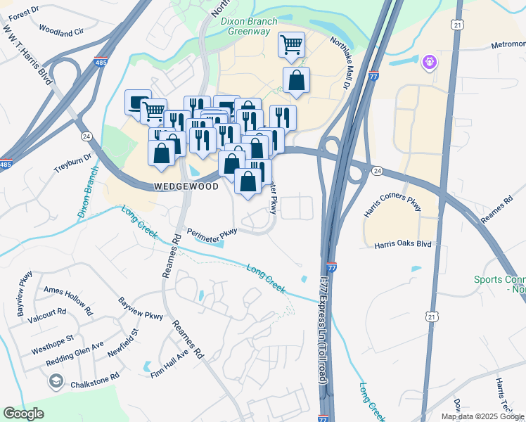 map of restaurants, bars, coffee shops, grocery stores, and more near 9828 Perimeter Station Drive in Charlotte