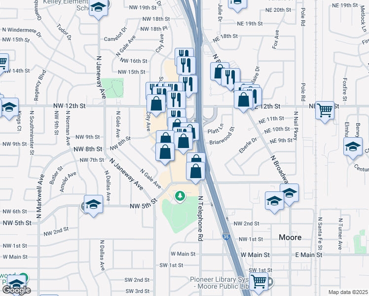 map of restaurants, bars, coffee shops, grocery stores, and more near 803 North Moore Avenue in Moore