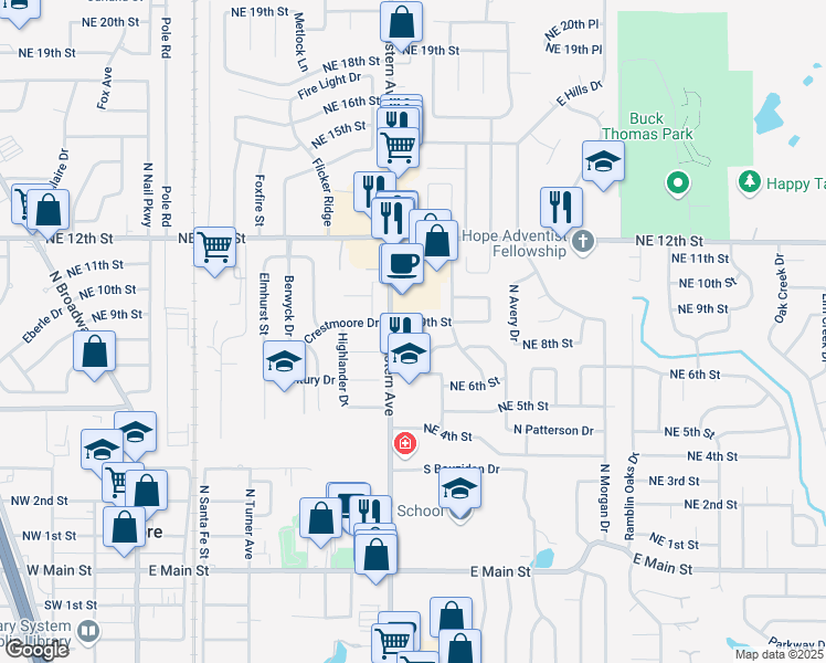 map of restaurants, bars, coffee shops, grocery stores, and more near 812 Northeast 9th Street in Moore
