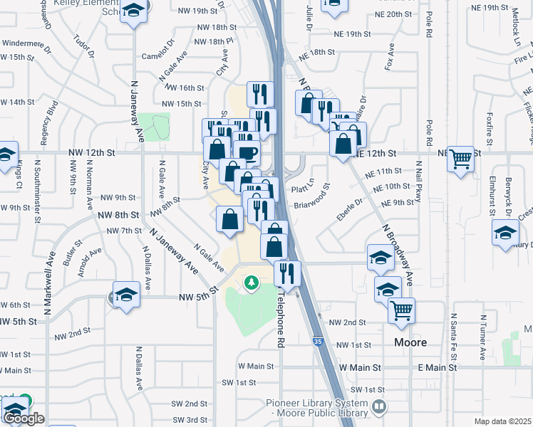 map of restaurants, bars, coffee shops, grocery stores, and more near 803 North Moore Avenue in Moore