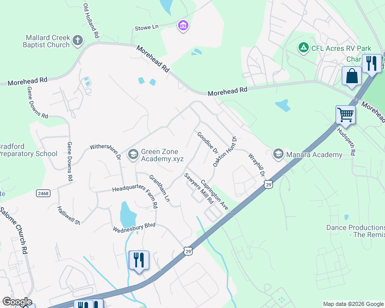 map of restaurants, bars, coffee shops, grocery stores, and more near 12417 Clackwyck Lane in Charlotte