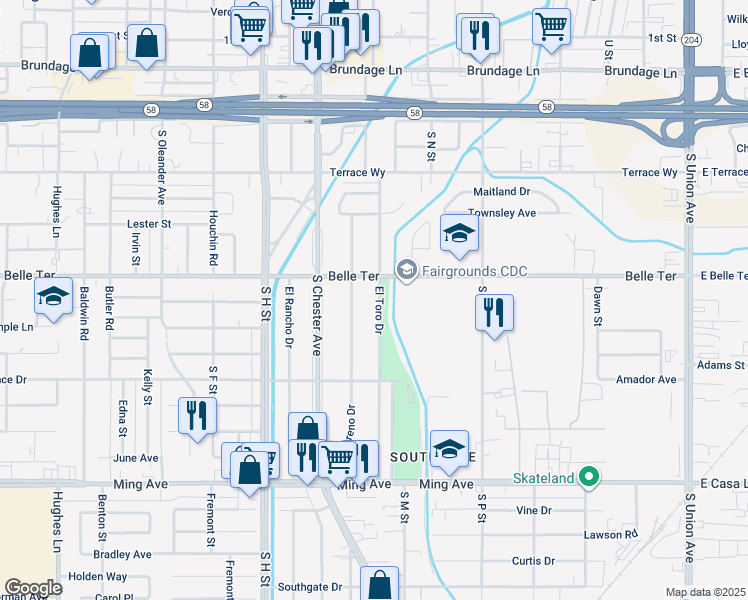 map of restaurants, bars, coffee shops, grocery stores, and more near 905 El Toro Drive in Bakersfield