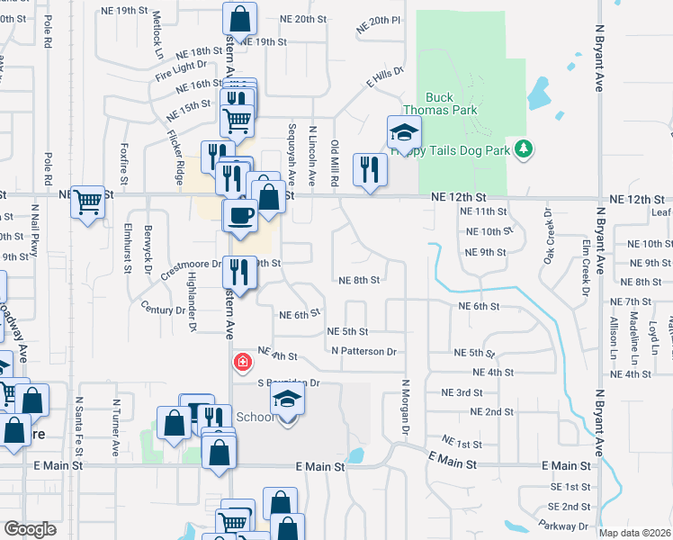 map of restaurants, bars, coffee shops, grocery stores, and more near 1100 Northeast 9th Court in Moore