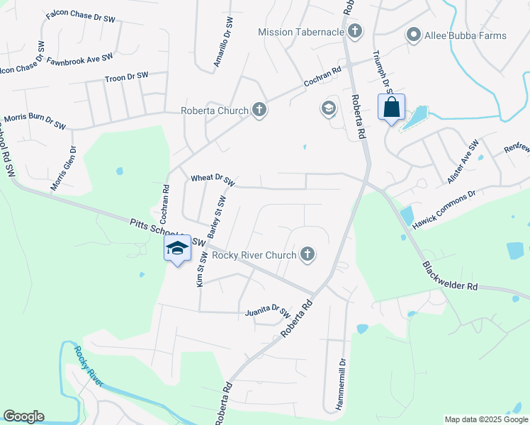 map of restaurants, bars, coffee shops, grocery stores, and more near 5340 Hackberry Lane Southwest in Concord