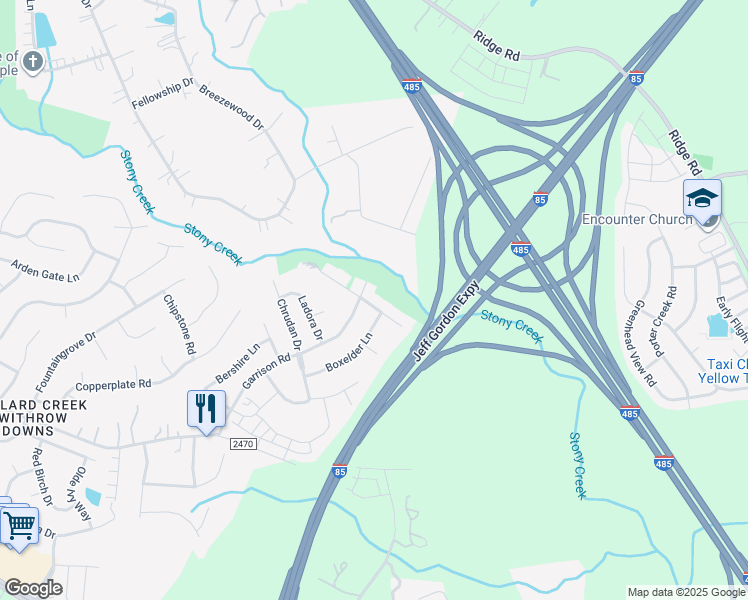 map of restaurants, bars, coffee shops, grocery stores, and more near 13710 Purple Bloom Lane in Charlotte