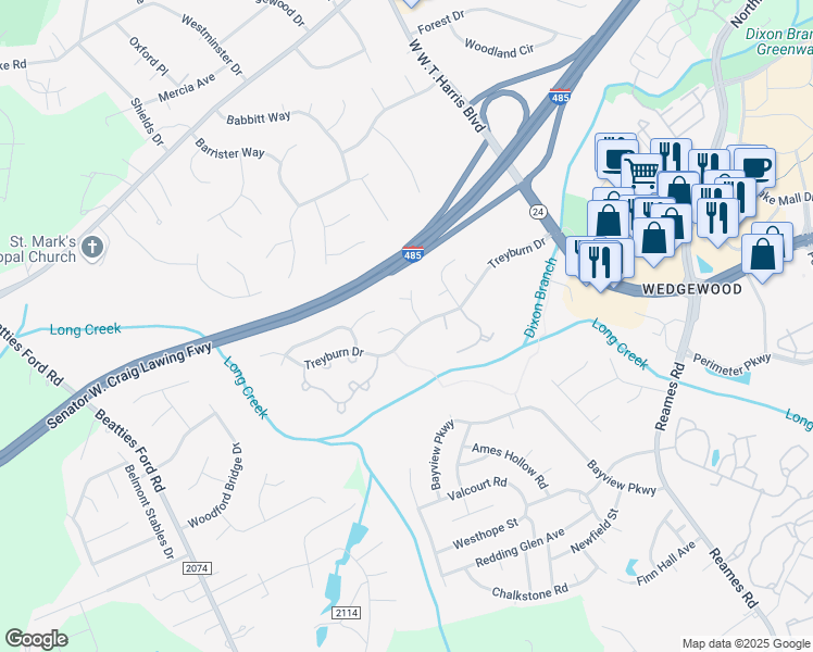 map of restaurants, bars, coffee shops, grocery stores, and more near 9035 Treyburn Drive in Charlotte