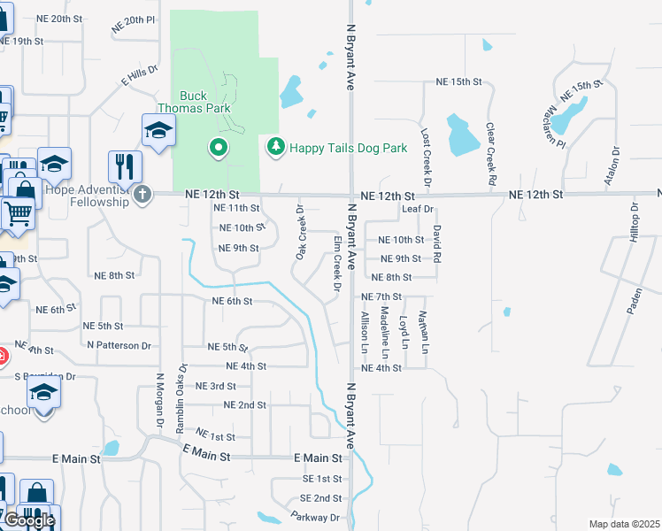 map of restaurants, bars, coffee shops, grocery stores, and more near 916 Elm Creek Drive in Moore