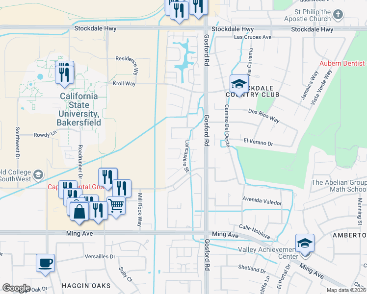 map of restaurants, bars, coffee shops, grocery stores, and more near 900 Breckland Street in Bakersfield