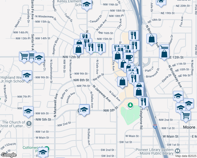 map of restaurants, bars, coffee shops, grocery stores, and more near 732 Northwest 8th Street in Moore