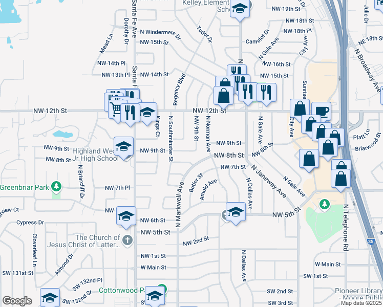 map of restaurants, bars, coffee shops, grocery stores, and more near 912 Northwest 9th Street in Moore