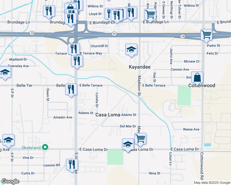 map of restaurants, bars, coffee shops, grocery stores, and more near 415 East Belle Terrace in Bakersfield