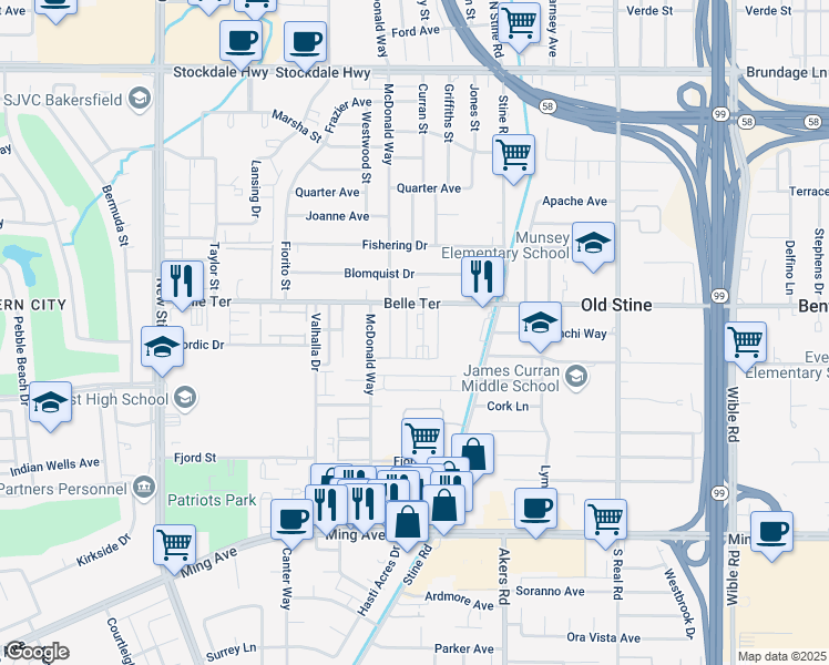 map of restaurants, bars, coffee shops, grocery stores, and more near 4425 Belle Terrace in Bakersfield