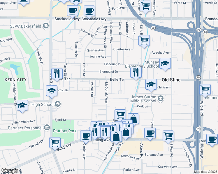 map of restaurants, bars, coffee shops, grocery stores, and more near 4425 Belle Terrace in Bakersfield