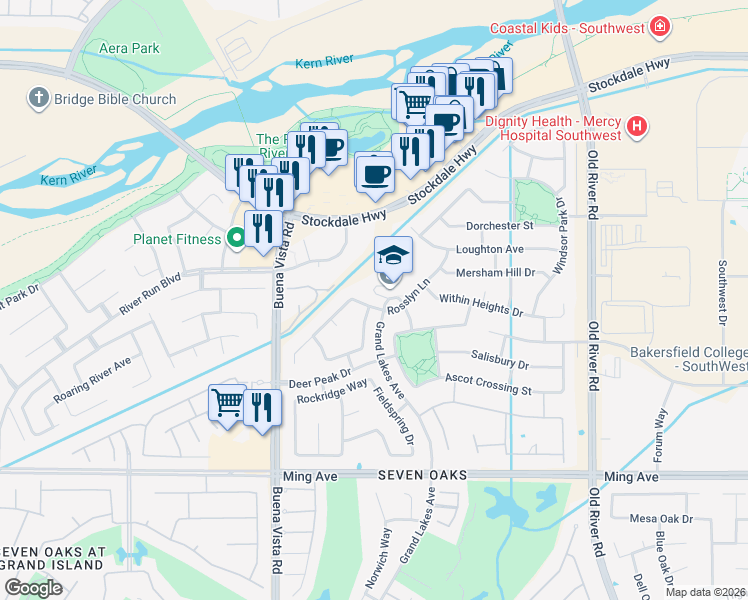 map of restaurants, bars, coffee shops, grocery stores, and more near 10910 Rosslyn Lane in Bakersfield