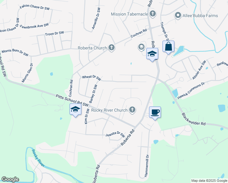 map of restaurants, bars, coffee shops, grocery stores, and more near 5340 Hackberry Lane Southwest in Concord