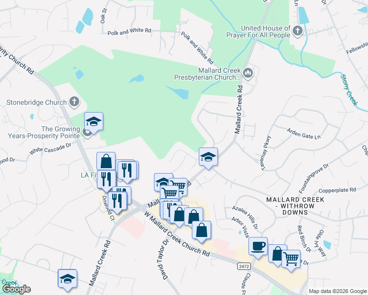 map of restaurants, bars, coffee shops, grocery stores, and more near 10745 Tradition View Drive in Charlotte
