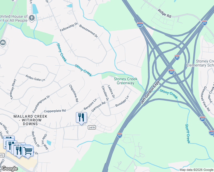 map of restaurants, bars, coffee shops, grocery stores, and more near 1546 Ladora Drive in Charlotte