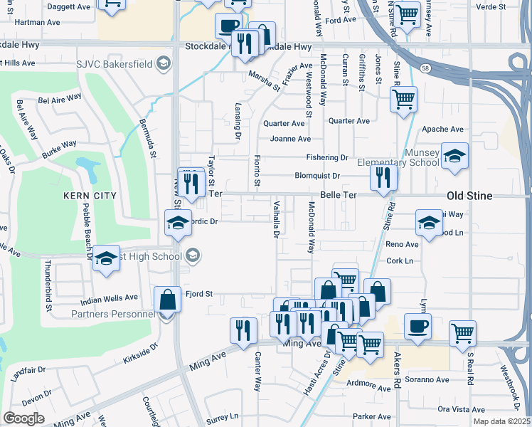 map of restaurants, bars, coffee shops, grocery stores, and more near 4700 Nordic Drive in Bakersfield