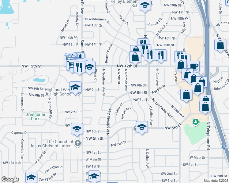 map of restaurants, bars, coffee shops, grocery stores, and more near 912 Northwest 9th Street in Moore