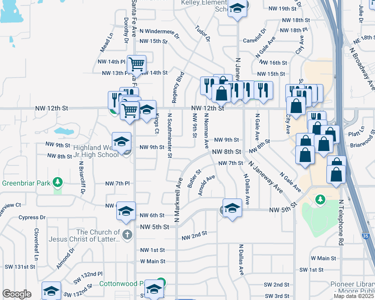 map of restaurants, bars, coffee shops, grocery stores, and more near 912 Northwest 9th Street in Moore
