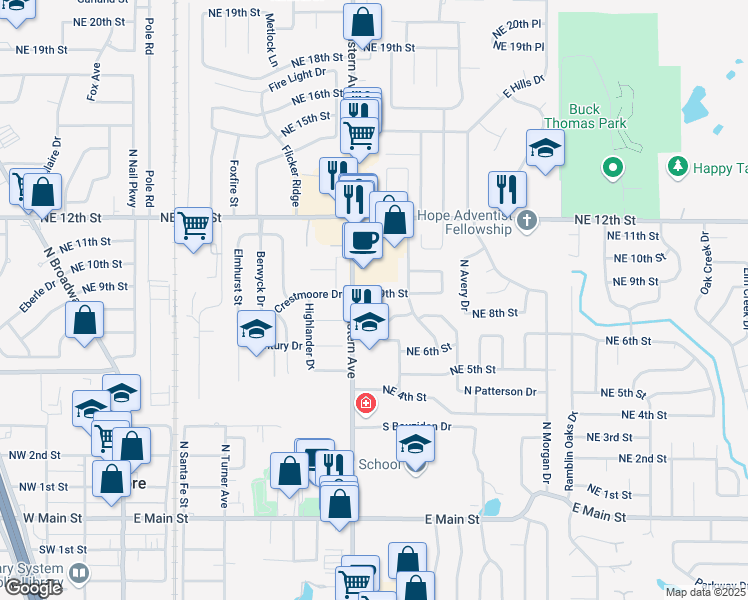 map of restaurants, bars, coffee shops, grocery stores, and more near 812 Northeast 9th Street in Moore
