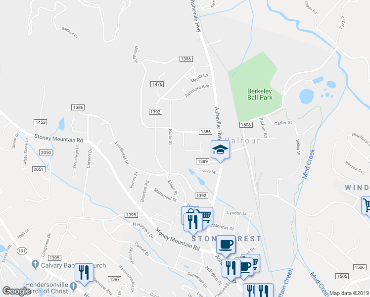 map of restaurants, bars, coffee shops, grocery stores, and more near 398 Dundee Street in Hendersonville
