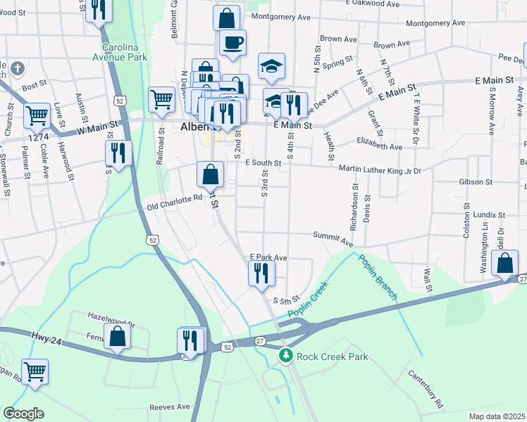 map of restaurants, bars, coffee shops, grocery stores, and more near 415 South 3rd Street in Albemarle