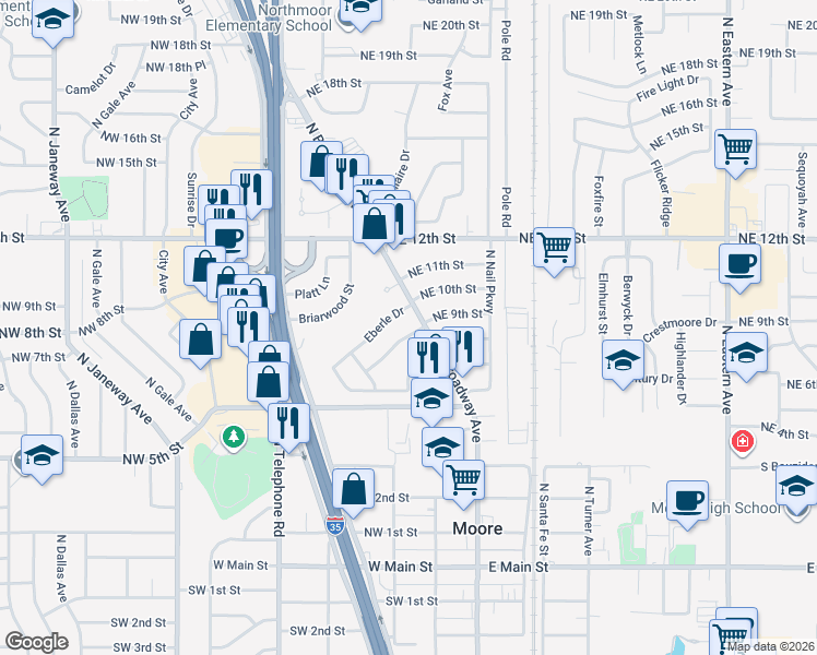 map of restaurants, bars, coffee shops, grocery stores, and more near 103 Thompson Drive in Moore